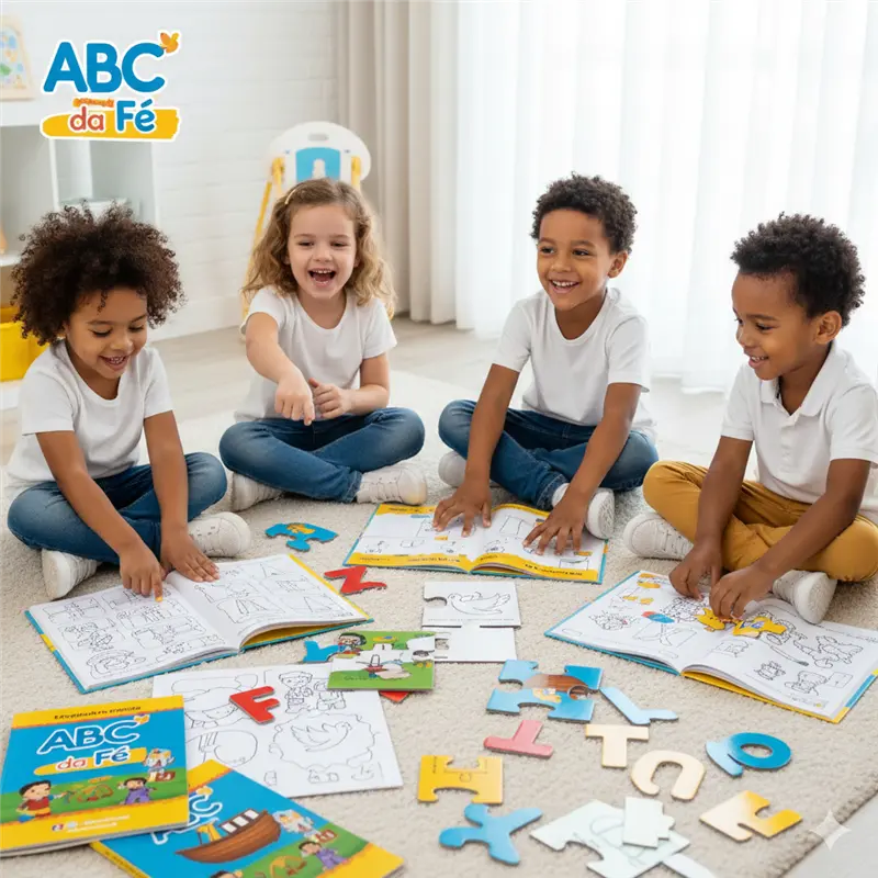 Criança fazendo atividades bíblicas